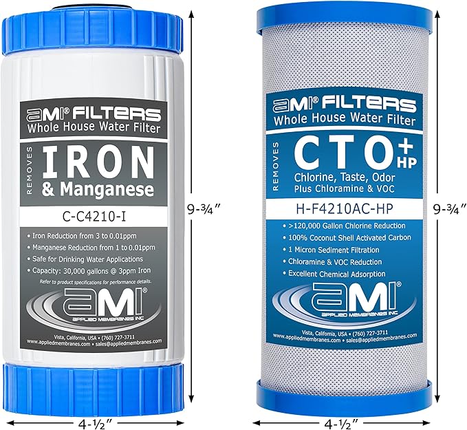 APPLIED MEMBRANES INC. Whole House Water Filter Replacement Filter Cartridge Set for Iron Reduction | 2 Stage 4.5” x 10” Carbon & Iron Filters | Fits 10-inch Housings