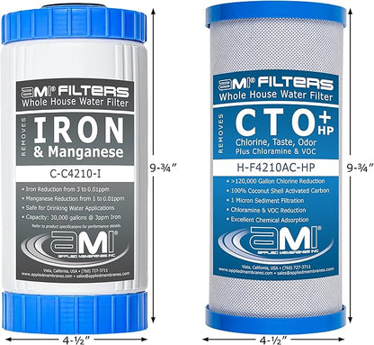 APPLIED MEMBRANES INC. Whole House Water Filter Replacement Filter Cartridge Set for Iron Reduction | 2 Stage 4.5” x 10” Carbon & Iron Filters | Fits 10-inch Housings