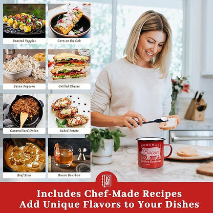 Bacon Grease Container with Strainer - With Food-Grade Silicone Spatula, 24oz Enamel Rustic Farmhouse Fat Container, Keeper, Recipes, Dishwasher Safe