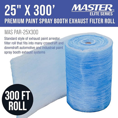 Master Elite Premium Paint Spray Booth Exhaust Filter Roll, 25" x 300' - 18 Gram Heavy-Duty Fiberglass Arrestor - Captures Traps Overspray Particles in Auto Car Autobody Refinish Booths
