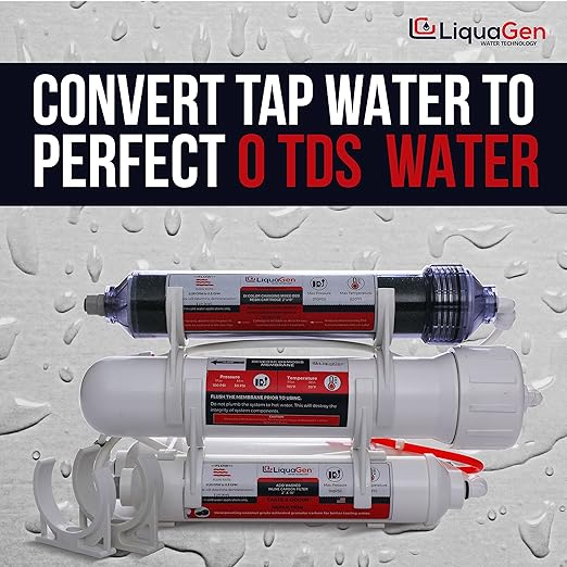 LiquaGen 4 Stage Reverse Osmosis and Deionization (RO/DI) Portable Space Saver Water Purification System | Water Filtration System for Aquarium Filter Processes + Manual Flush Valve (75 GPD)