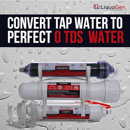 LiquaGen 4 Stage Reverse Osmosis and Deionization (RO/DI) Portable Space Saver Water Purification System | Water Filtration System for Aquarium Filter Processes + Manual Flush Valve (75 GPD)