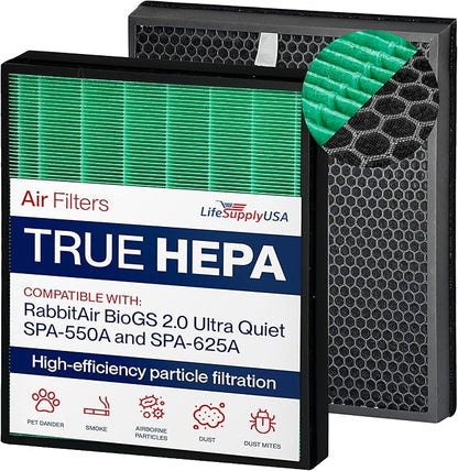 True Hepa + Carbon Pre-Filter Replacement Set Compatible with RabbitAir BioGS 2.0 Ultra Quiet SPA-550A and SPA-625A Air Purifiers by LifeSupplyUSA