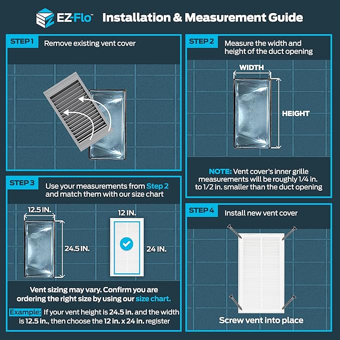 EZ-FLO 12 x 24 Inch (Duct Opening) Return Air Vent Cover for Wall or Ceiling, Solid Steel Return Air Filter Grille, HVAC Vent Cover, White, 61668
