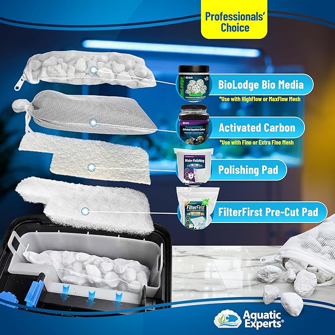 Aquatic Experts High Flow Filter Media Bag - Durable Filter Bags for Fish Tank, Secure Aquarium Media Bag with Drawstring, Media Bags for Aquarium and Pond, High Flow (Zipper), 3” x 8” – 4 Pack