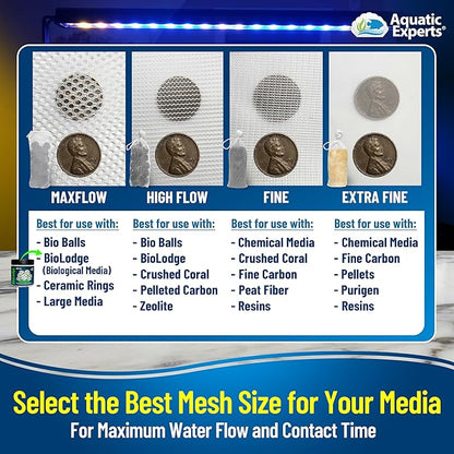 Aquatic Experts High Flow Filter Media Bag - Durable Filter Bags for Fish Tank, Secure Aquarium Media Bag with Drawstring, Media Bags for Aquarium and Pond, High Flow (Zipper), 3” x 8” – 4 Pack