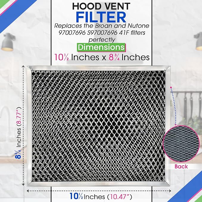 Stove Hood Vent Filter 10.5" x 8.8" 41F 97007696 Fits Nutone & Broan Range Hood Filter Replacement for Ductless Exhaust Fan - Mesh Screen Filters Grease & Carbon Freshens Kitchen Oven Air (3-Pack)