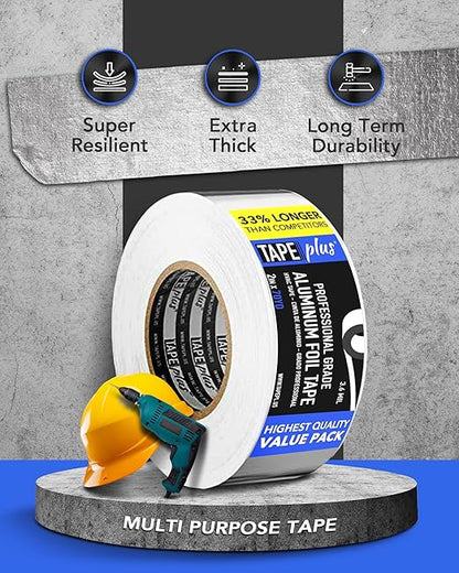 TapePlus Aluminum Foil Tape - HVAC & Ductwork Sealing with HVAC Tape - Metal Ductwork Insulation & Moisture Protection - Heat-Resistant Performance to 250°F - 2 in x 70 yd, Pack of 1, Silver