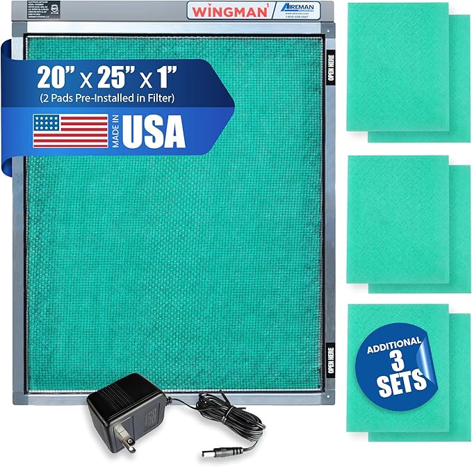 20x25x1 Polarized Media Electronic Air Filter - High Air Flow - Homeowner Installed - 1-Yr Supply of Replacement Pads - Simply Replace Your Current AC/Furnace Air Filter and PLUG IT IN!