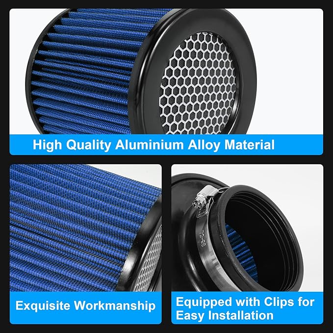 Cold Air Intake Filter High Performance Washable Filter Clamp-On Replacement Air Filter Flange Diameter 3inch/76mm Blue
