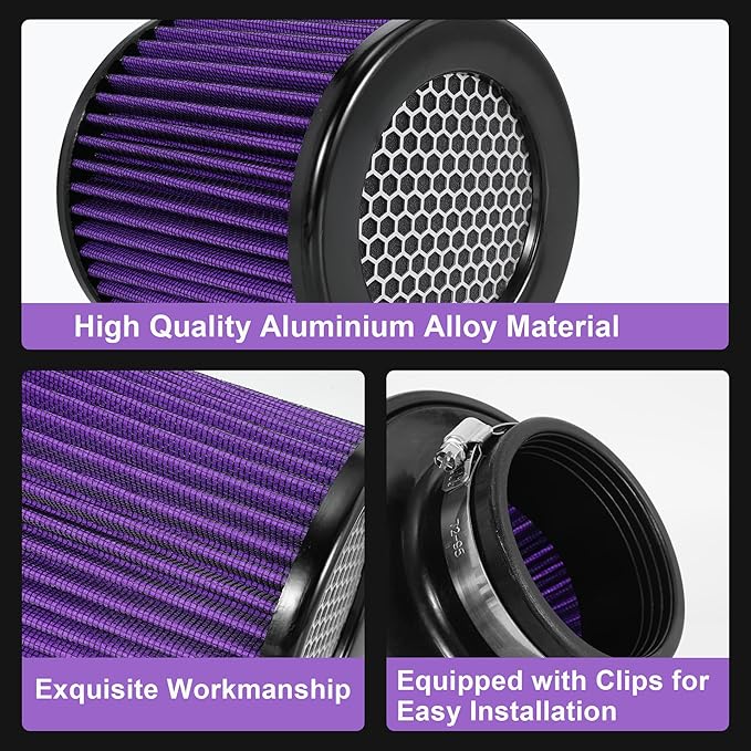 Cold Air Intake Filter High Performance Washable Filter Clamp-On Replacement Air Filter Flange Diameter 3inch/76mm Purple