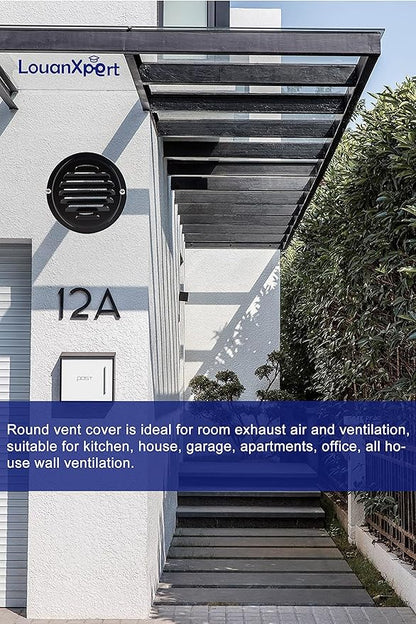 6 Inch Round Air Vent Cover,LouanXpert Stainless Steel Black Soffit Vent Cover Louvered Grille Wall Vent with Built-in Fine Mesh for Garage,House, Flat, Garage (150mm - 2PCS)
