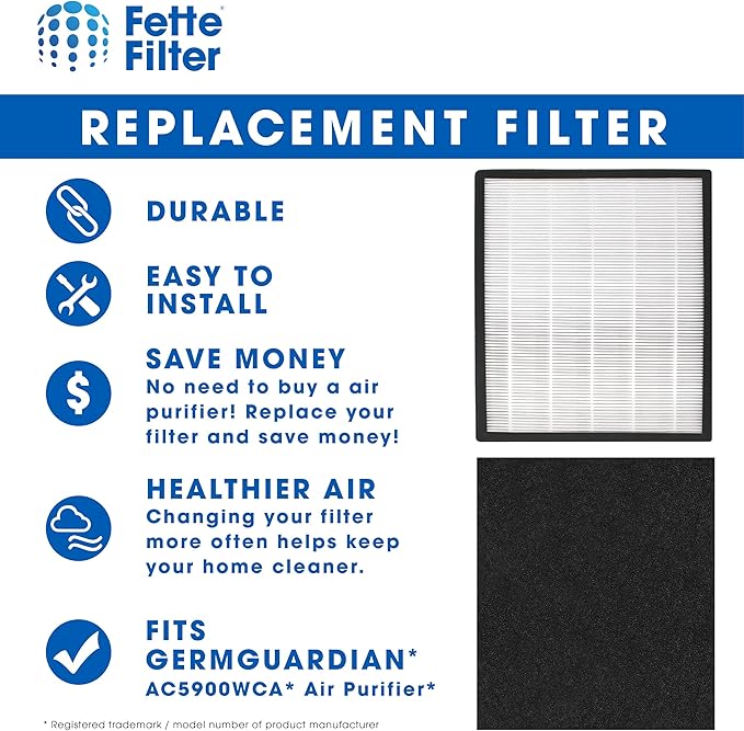 Fette Filter - Premium H13 True HEPA Replacement Filter J Compatible with GermGuardian FLT5900 for AC5900WCA & AC5900WDLX Air Purifier includes 1 Hepa 2 Activated Charcoal Filter.
