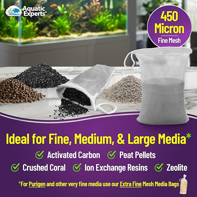 Aquatic Experts Fine Aquarium Media Bag, Durable Drawstring Bags for Fish Tank Filters, 450 Micron Mesh, (Fine, 8" x 12" - 3 Pack)