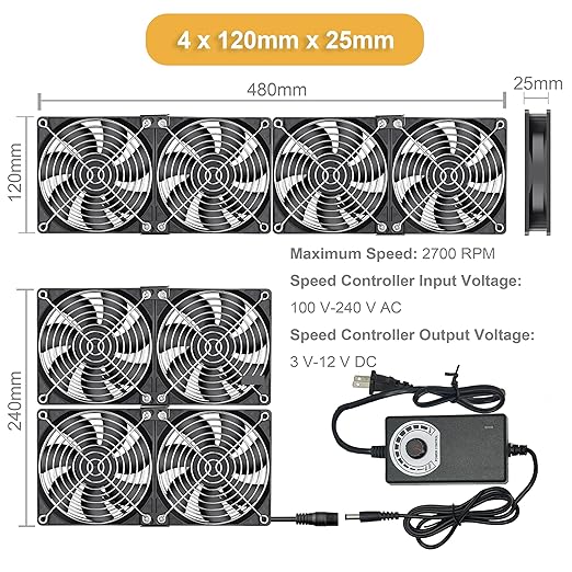 Big Airflow Computer Fan, 4 x 120 mm x 25 mm Brushless Axial Cooling Fan, AC 100V - 240V Speed Control Fan, for Cabinet Computer Case Chassis Server Workstation Amplifier Greenhouse Cooling DIY(4)