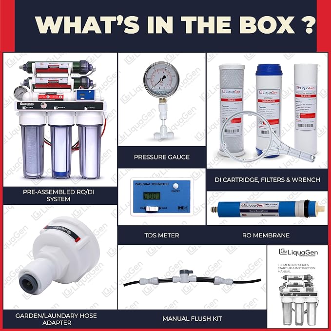 LiquaGen - 6 Stage Reverse Osmosis + Deionization Water Filtration System- 100 GPD w/Pressure Gauge & TDS Meter | Under Sink Water Filter Machine for Aquarium Water Purification