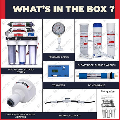 LiquaGen - 6 Stage Reverse Osmosis + Deionization Water Filtration System- 100 GPD w/Pressure Gauge & TDS Meter | Under Sink Water Filter Machine for Aquarium Water Purification