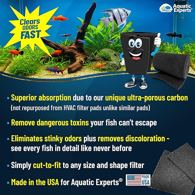 Aquarium Carbon Pad – Cut‑to‑Fit Carbon Infused Filter Pad Media for Crystal Clear Fish Tanks and Ponds, 3/8"–1/2" Thick (18 Inch Width, 36 Inch Long)