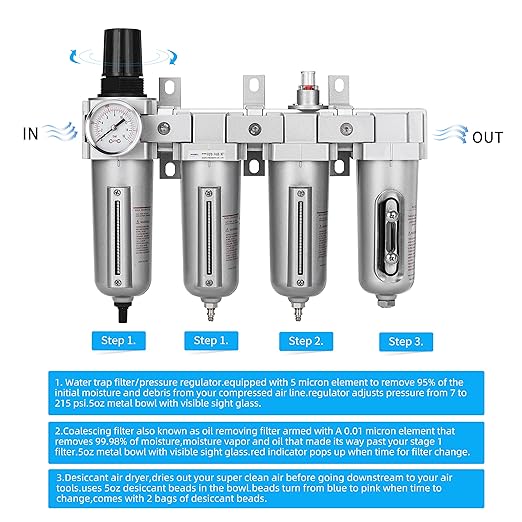 NANPU 1/2" NPT Industrial Grade 4 Stage Air Drying System - Double Particulate Filters, Coalescing Filter, Desiccant Dryer & Air Regulator, Metal Bowl, Auto Drain, for Paint Spray＆ Plasma Cutter