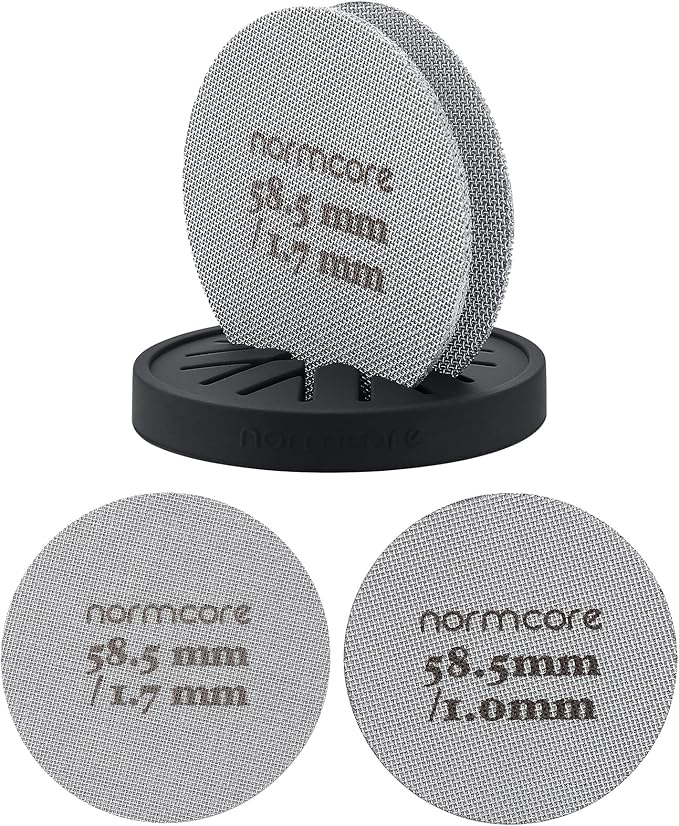 Normcore 2 Packs 58.5mm Puck Screen with Stand - Reusable Contact Shower Screen with Silicone Holder - 1.7mm / 1.0mm Thickness 150μm Mesh - Compatible with Espresso Machine 58mm Portafilter Basket