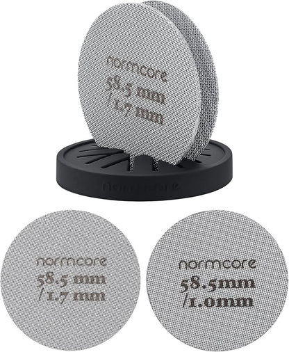 Normcore 2 Packs 58.5mm Puck Screen with Stand - Reusable Contact Shower Screen with Silicone Holder - 1.7mm / 1.0mm Thickness 150μm Mesh - Compatible with Espresso Machine 58mm Portafilter Basket