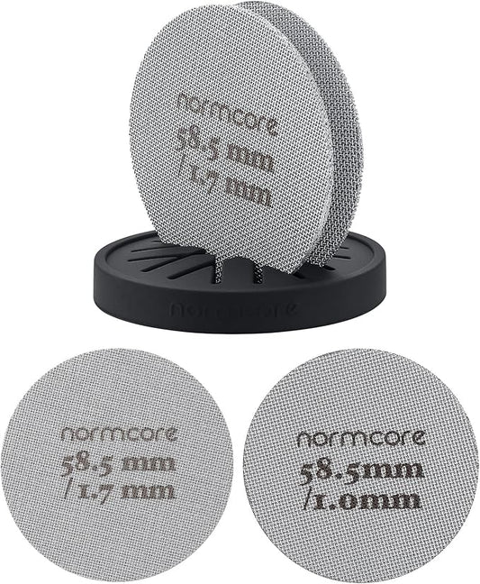 Normcore 2 Packs 58.5mm Puck Screen with Stand - Reusable Contact Shower Screen with Silicone Holder - 1.7mm / 1.0mm Thickness 150μm Mesh - Compatible with Espresso Machine 58mm Portafilter Basket