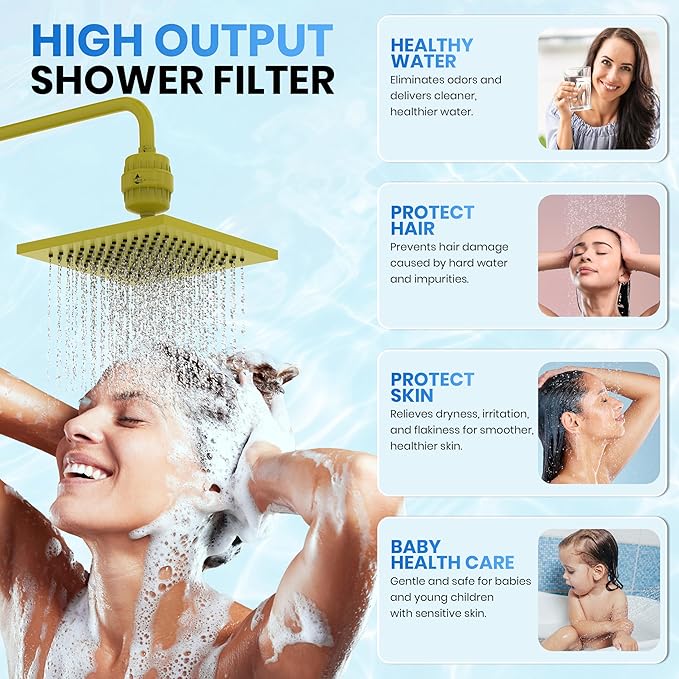 Shower Head Filter For Hard Water Gold 20 Stages to Remove Chlorine Fluoride Water Softener Coconut Shell Activated Carbon Reduces Dry Itchy Skin Heavy Metals Other Sediments Vitamin C Aqua Earth