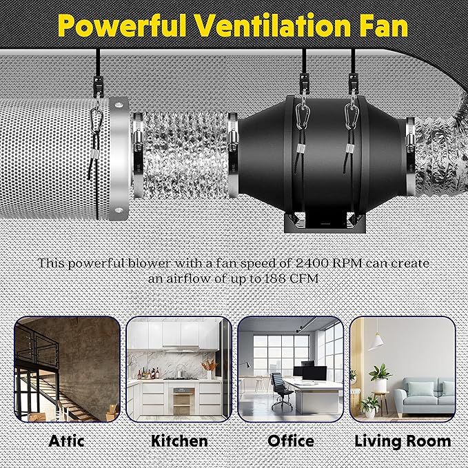 iPower 4 Inch 200 CFM Exhaust Inline Duct Fan with Variable Speed Controller HVAC Blower for Indoor Grow Tents Garden Ventilation, 4", Black