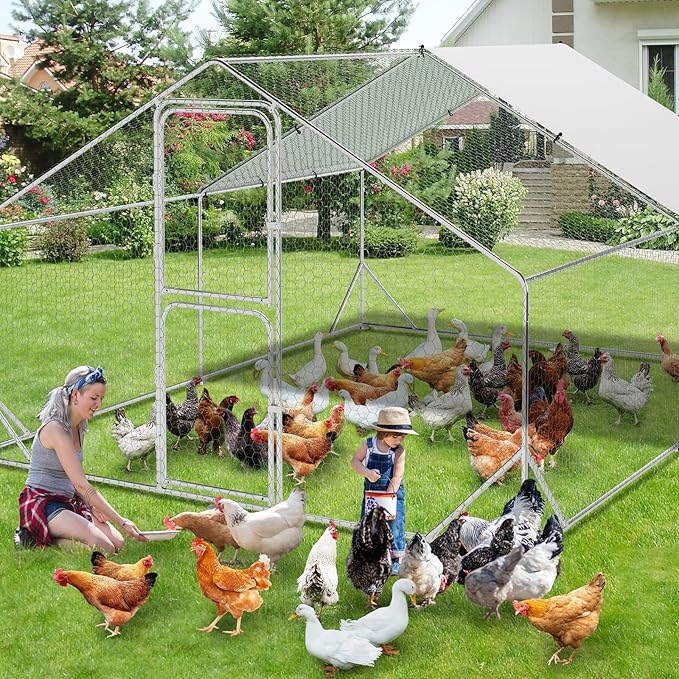 9.8X13.1x6.6FT, Large Walk in Chicken Run Pen Cage, Metal Coop Clearance with Double Door, Chicken Runs for Yard with Cover, Outdoor Cages for Chickens and Range Poultry, Large Chicken Coops