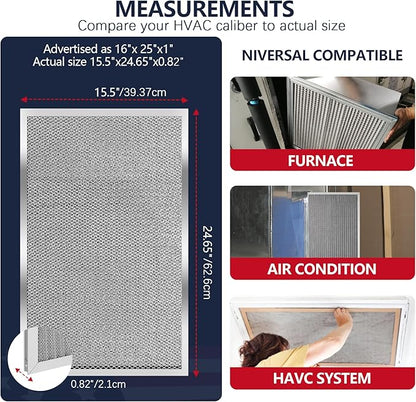 16x25x1 Electrostatic Air Filter, MERV 8 Reusable Aluminum AC/HVAC Furnace Filters, Washable Permanent Air Filter, Lasts a Lifetime, Easy to Clean (Actual Size:15.50x24.65x0.82)