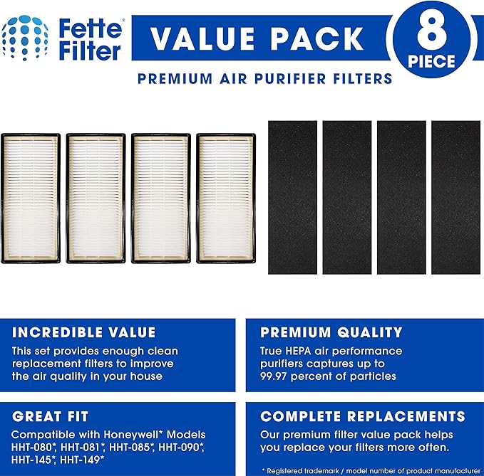 Fette Filter - Air Purifier Filter Compatible with Honeywell HEPAClean Air Purifier Replacement Filter C Pack of 4 HEPA + 4 Pre-Filters for Models HHT-080, HHT-081, HHT-085, HHT-090, HHT-145, HHT-149