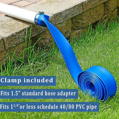 Pool Backwash Hose 1 1/2 inch × 50 ft Thicken Blue Water Discharge Pipe Lay Flat Tubing Hose for Backwash Pool Filter, Drain Pool Pond Water (1.5in-50ft, Vinyl Tubing)