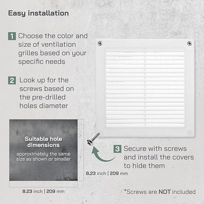 Vent Systems 8" x 8" (Opening Dimensions) White Plastic Soffit Vent Cover - Durable Flat Square Air Vent Grille with Mesh Screen - Weather Resistant Ventilation Grill, Wall & Ceiling, Indoor & Outdoor
