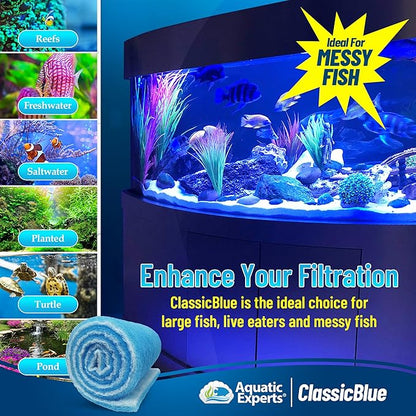 Aquatic Experts Classic Bonded Aquarium Filter Pad -12 Inches by 12 Feet by .75 Inch - Blue and White Filter Media Pad Bulk - Replacement Filter Rolls of Prefilter Floss - Made in USA