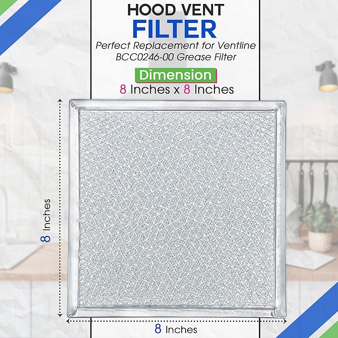 Bagean Stove Vent Filter 8x8 inch BCC024600 Compatible with Ventline Range Hood Filter Replacement for Kitchen Exhaust Fan - Aluminum Screen Blocks Grease & Filters Over Oven Air (2-Pack)