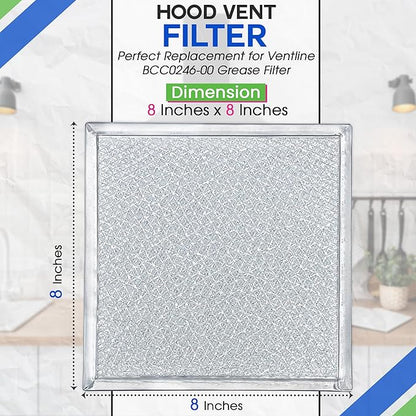Bagean Stove Vent Filter 8x8 inch BCC024600 Compatible with Ventline Range Hood Filter Replacement for Kitchen Exhaust Fan - Aluminum Screen Blocks Grease & Filters Over Oven Air (2-Pack)