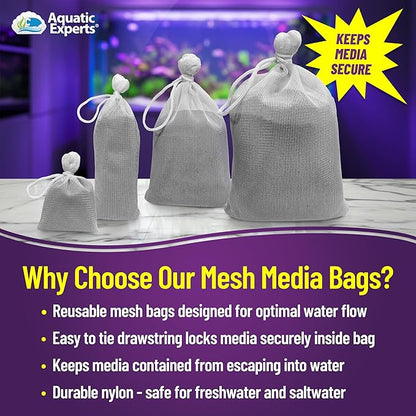 Aquatic Experts Fine Aquarium Media Bag, Durable Drawstring Bags for Fish Tank Filters, 450 Micron Mesh, (Fine, 5" x 9" - 4 Pack)