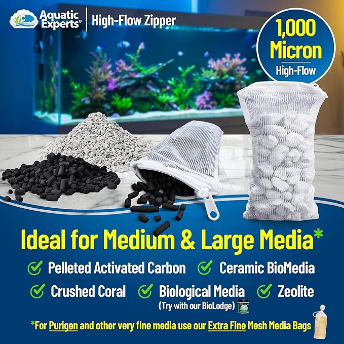Aquatic Experts High Flow Filter Media Bag - Durable Filter Bags for Fish Tank, Secure Aquarium Media Bag with Drawstring, Media Bags for Aquarium and Pond, High Flow (Zipper), 3” x 8” – 4 Pack