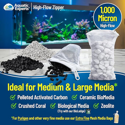 Aquatic Experts High Flow Filter Media Bag - Durable Filter Bags for Fish Tank, Secure Aquarium Media Bag with Drawstring, Media Bags for Aquarium and Pond, High Flow (Zipper), 3” x 8” – 4 Pack