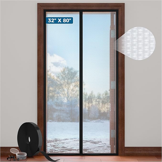 Magnetic Thermal Insulated Door Curtain - Fit Door Size 32x80 Inch Waterproof Bubble Wrap Door Cover Light Filtering Screen Door, Keep Warm in Winter Cool in Summer, Kid & Pet Friendly