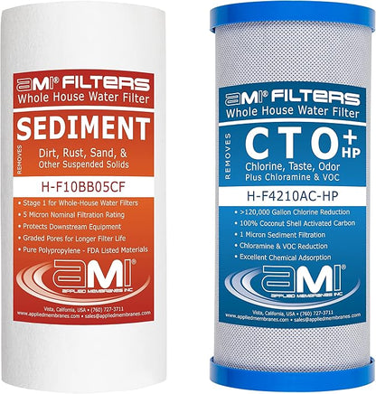 APPLIED MEMBRANES INC. Whole House Water Filter Replacement Filter Cartridge Set | 2 Stage 4.5” x 10” Sediment and Carbon Block Filters | Fits 10-inch Housings