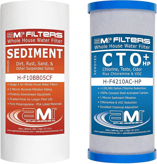 APPLIED MEMBRANES INC. Whole House Water Filter Replacement Filter Cartridge Set | 2 Stage 4.5” x 10” Sediment and Carbon Block Filters | Fits 10-inch Housings