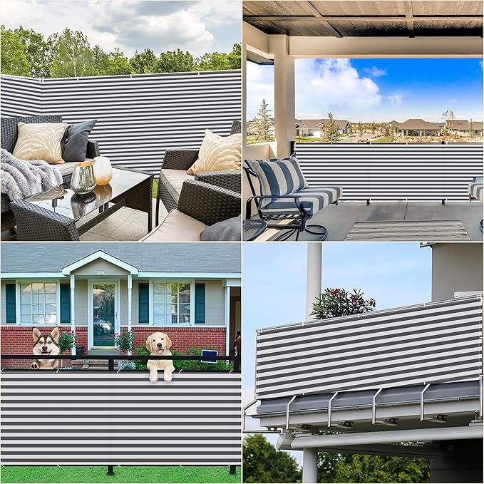 Fence Privacy Screen 6.6' x 13.1' Durable and UV Resistant Privacy Screen Outdoor, Included Cable Zip Ties for Apartments, Deck, Porch, Patio, Railing, Outdoor Pool, Gray Stripes