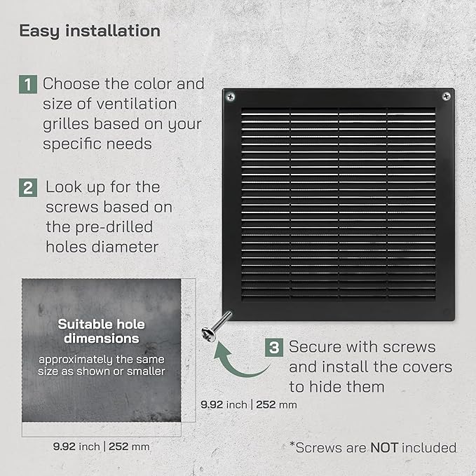 Vent Systems 10" x 10" Inch (Opening Dimensions) - Pack of 5 - Plastic Black Soffit Vent Cover - Flat Square Air Vent Grille - Air Vent Deflector - HVAC 12" x 12" Inch (Overall Dimensions)