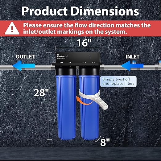 iSpring WGB22B 2-Stage Whole House Water Filtration System, 20” x 4.5” Sediment & Carbon Block Filters, Removes up to 99% Chlorine, Fine Sediment and Bad Taste Removal