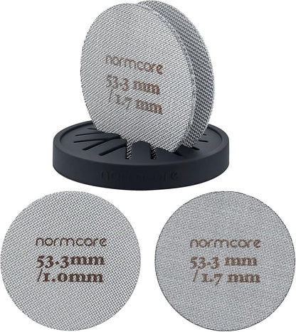 Normcore 2 Packs 53.3mm Puck Screen with Stand - Reusable Contact Shower Screen with Silicone Holder - 1.7mm / 1.0mm Thickness 150μm Mesh - Compatible with Espresso Machine 54mm Portafilter Basket