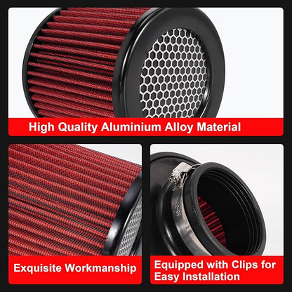 Cold Air Intake Filter High Performance Washable Filter Clamp-On Replacement Air Filter Flange Diameter 3inch/76mm Red
