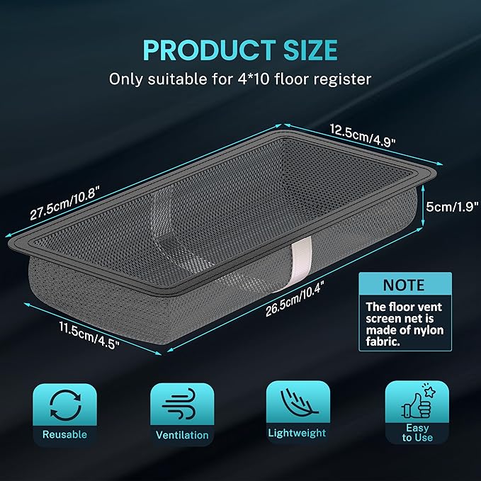 4 Pack Floor Register Cover Trap, HG Power 4 x 10 Inch Floor Vent Screen Net, Nylon Fabric Mesh Air Vent Filter for Home Floor, Catches Coins, Toys, Snacks, Pet Hair, Pet Food