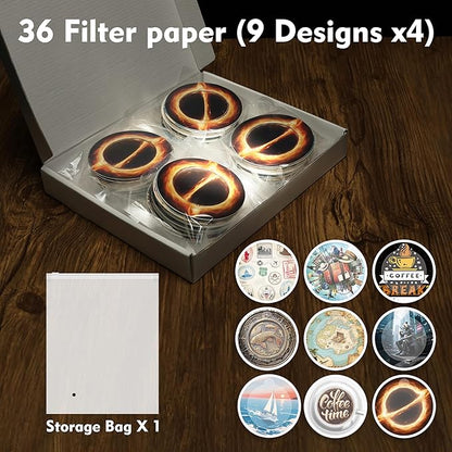 SUNYA Coffee Filters, 36-Pack Eco-Friendly Disc Shape Paper Filters for Manual Ground Coffee and Drip Coffee Makers, with Wide Rim for Cup Sizes 2-3.5inch. 9 Different Patterns (UFO A)