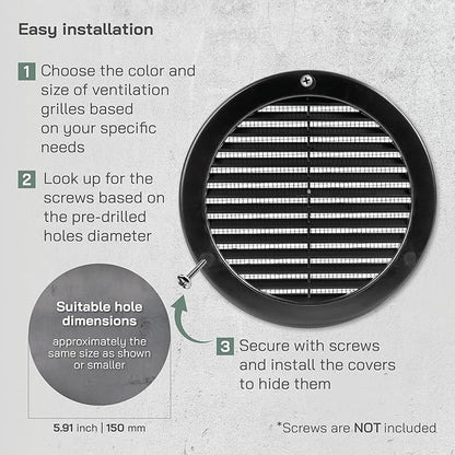 Vent Systems 6" Inch (Opening Dimensions) Black Soffit Vent Cover - Plastic Round Air Vent Grille - Built-in Mesh Screen - HVAC Register Louver for Bathroom, Home, Kitchen